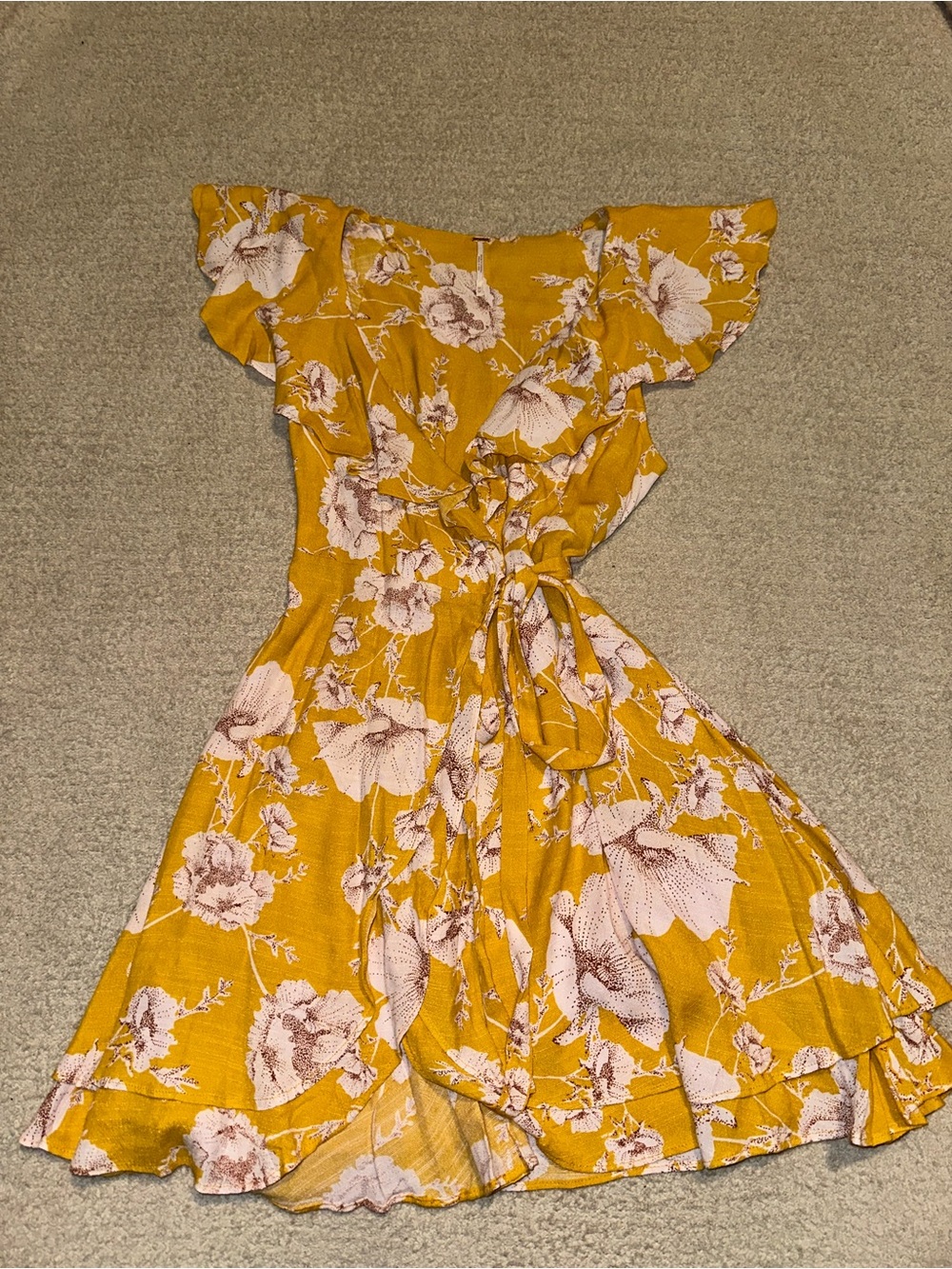 Free People Yellow Floral Ruffle Wrap Mini Dress - Picture 2 of 4